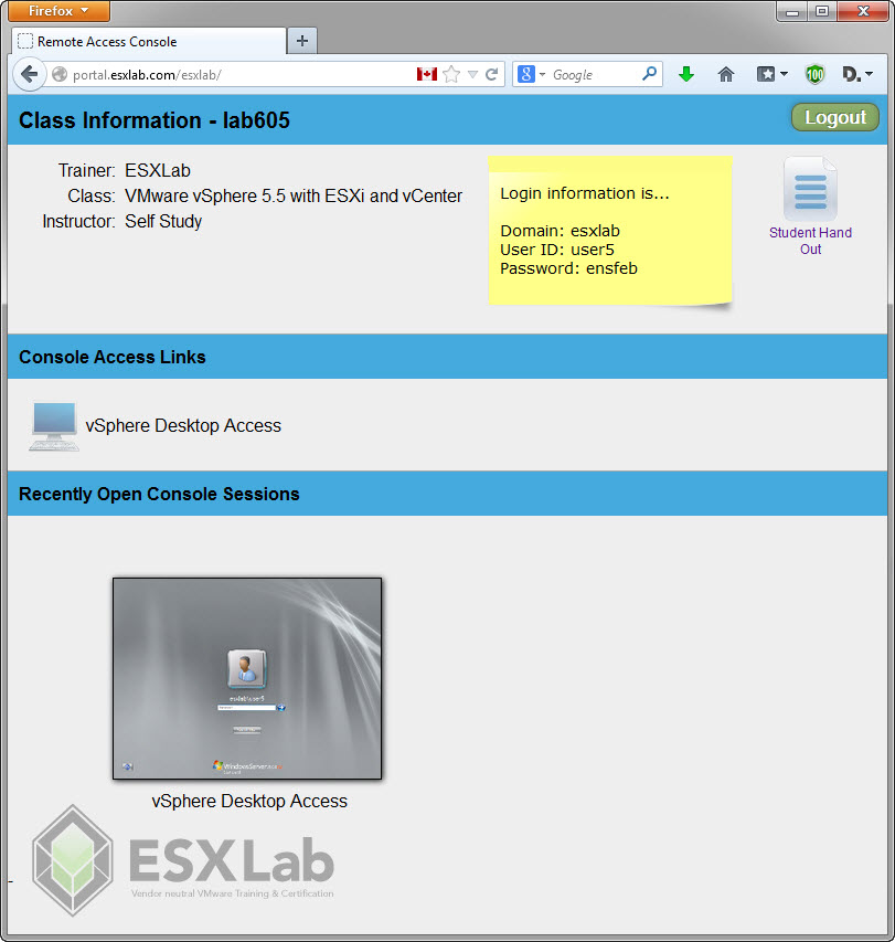 ESXLab Remote Lab Access Web Portal Main Screen